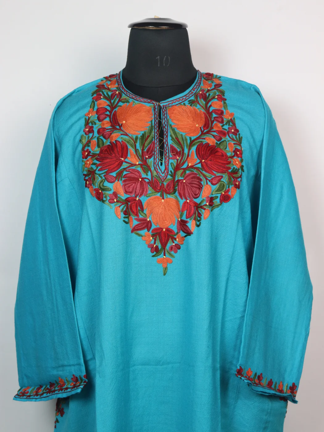Aabida Kashmiri Pheran In Count Wool With Aari Embroidery | Turquoise - Image 2