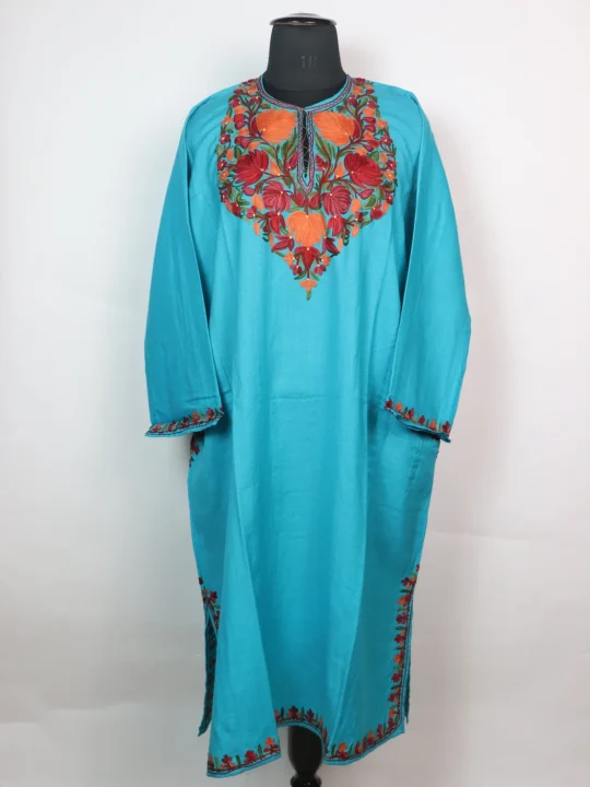 Aabida Kashmiri Pheran In Count Wool With  Aari Embroidery | Turquoise