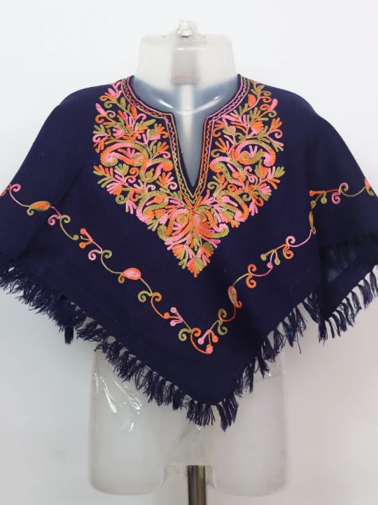 Woolen Kashmiri Poncho In Cashmilon With Aari Work For Baby Girls | Salma | Blue