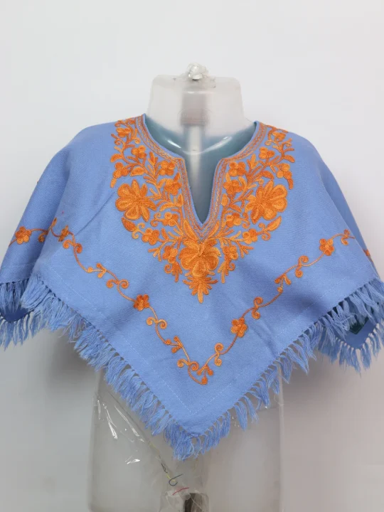 Aleena Kashmiri Poncho In Cashmilon With Aari Work for Baby Girls – Light Blue