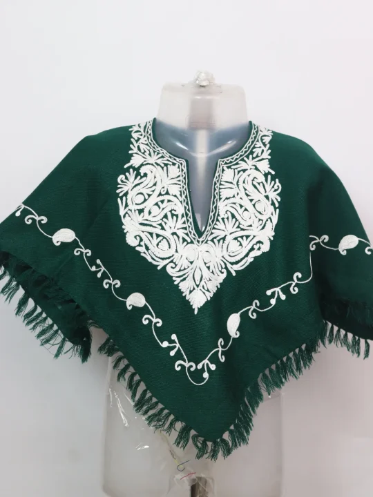 Kashmiri Poncho In Cashmilon With Aari Embroidered For Baby Girls | Yusra | Green