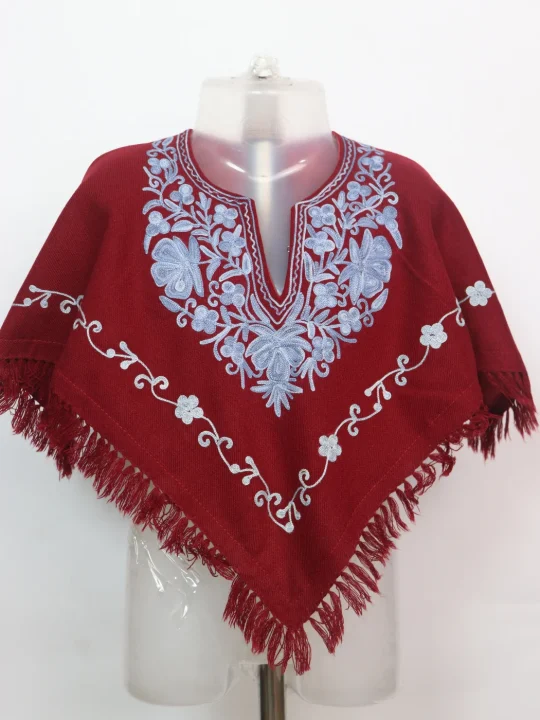 Baby Girls Poncho In Kashmiri  Cashmilon With Aari Work | Maroon | Anisa