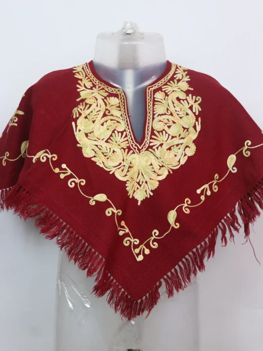 Maroon Kashmiri Poncho In Cashmilon With Aari Work For Baby Girls | Reema