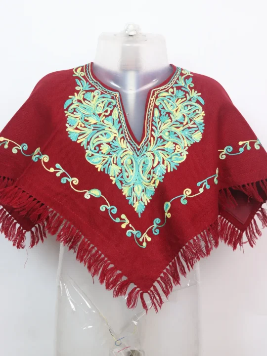 Woolen Poncho In Kashmiri Cashmilon With Aari Work For Baby Girls | Arwa | Red