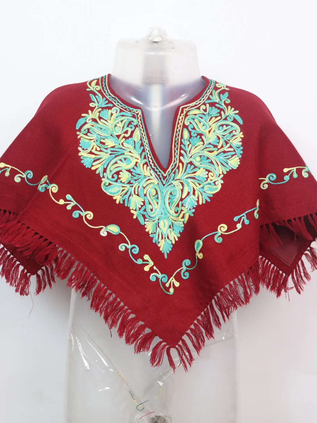 Woolen Poncho In Kashmiri Cashmilon With Aari Work For Baby Girls | Arwa | Red