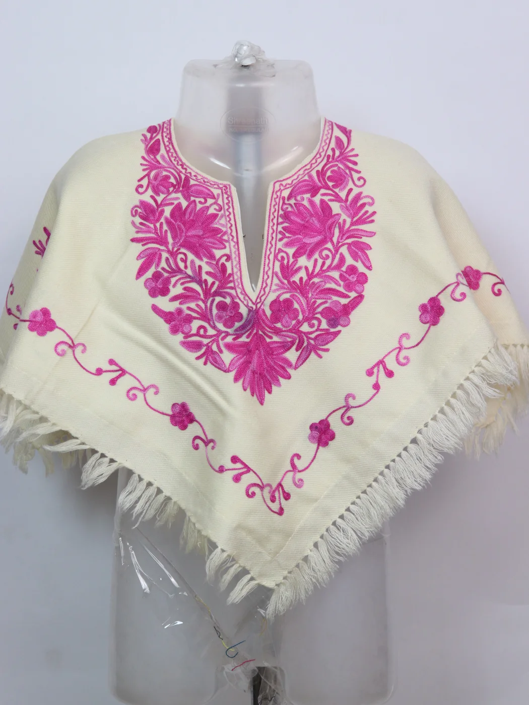 White Kashmiri Poncho In Cashmilon With Aari Work For Baby Girls | Nida