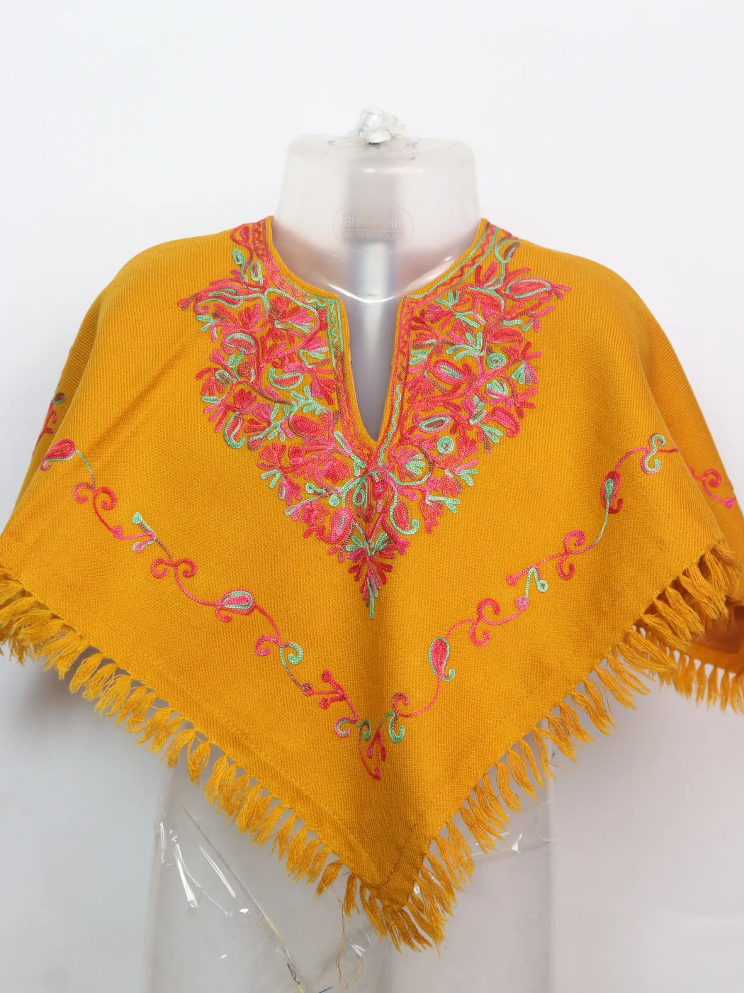 Aari Embroidered Poncho In Kashmiri Cashmilon Wool For Baby Girls | Mustard | Naima