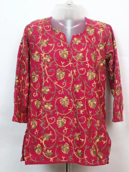 Afsana Kashmiri Kurti For Girls In Rani Pink Cashmilon Wool With Aari Work (2–3 Yrs)