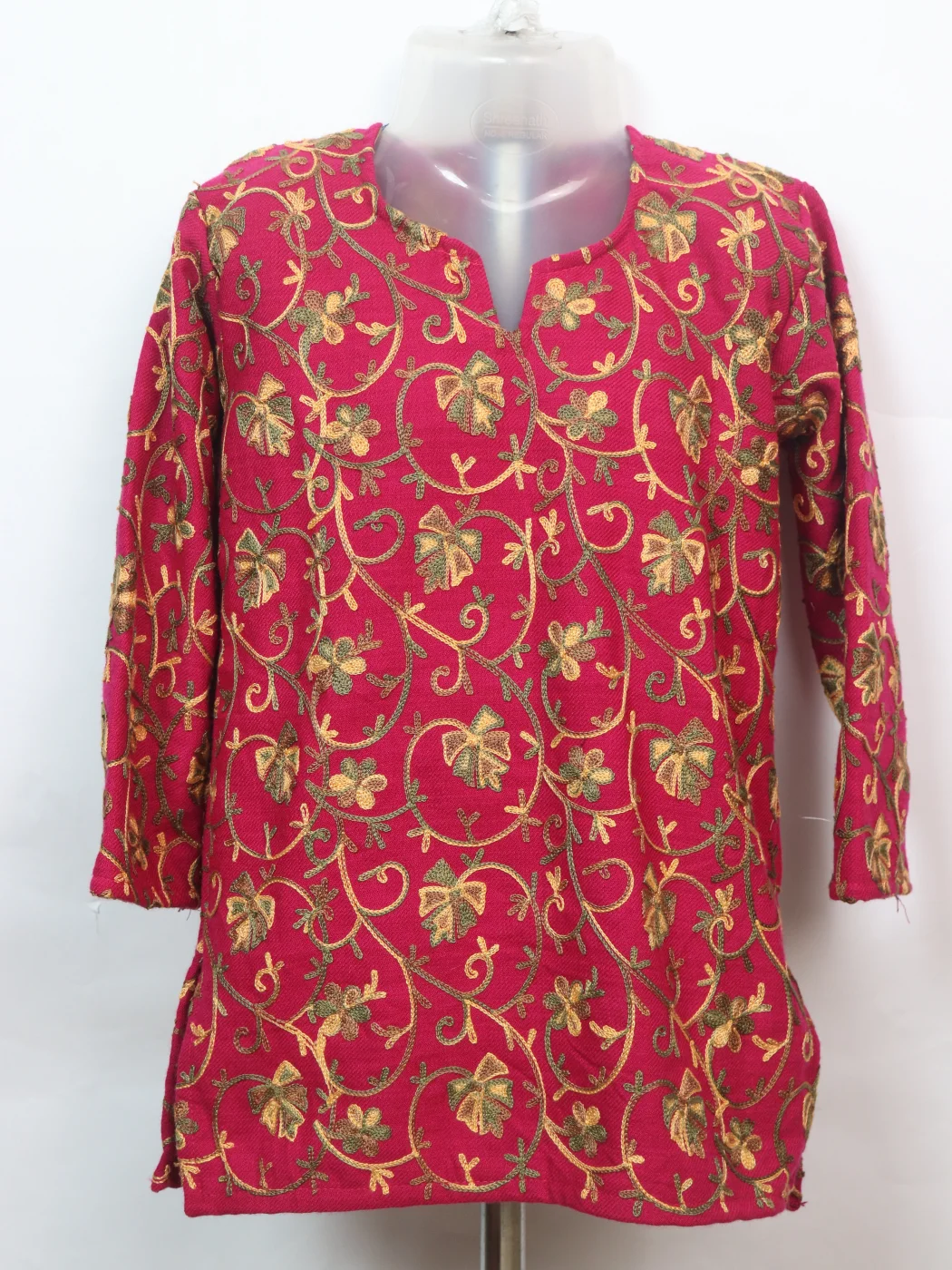 Afsana Kashmiri Kurti For Girls In Rani Pink Cashmilon Wool With Aari Work (2–3 Yrs)