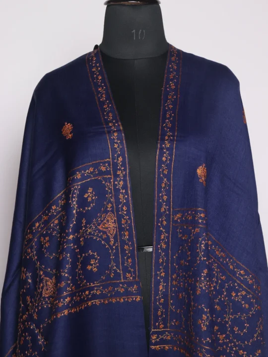 Aharbal Kashmiri Stole In Polywool With Hand Sozni Embroidery | Blue - Image 2