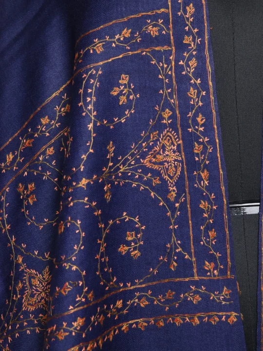 Aharbal Kashmiri Stole In Polywool With Hand Sozni Embroidery | Blue - Image 3