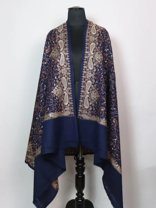 Ajwa Kashmiri Shawl with Zari Work For Women in Toosha Wool | Navy Blue