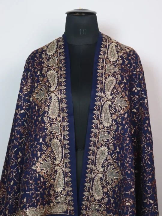 Ajwa Kashmiri Shawl with Zari Work For Women in Toosha Wool | Navy Blue - Image 2