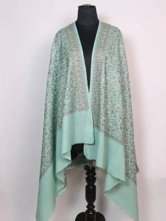 Kashmiri Zari Work Shawl For Women in Toosha Wool Ajwa | Sea Green