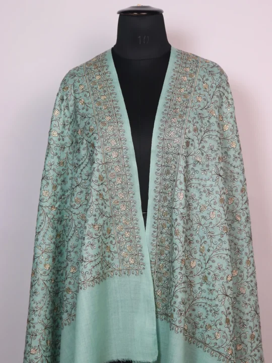 Kashmiri Zari Work Shawl For Women in Toosha Wool Ajwa | Sea Green - Image 2