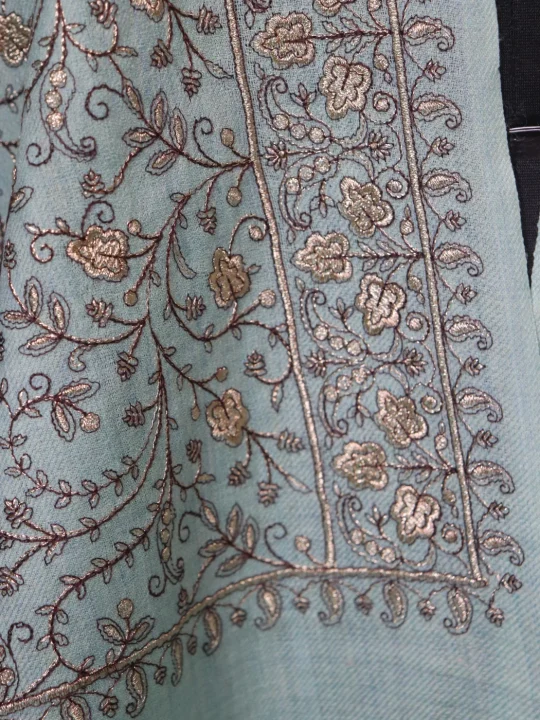 Kashmiri Zari Work Shawl For Women in Toosha Wool Ajwa | Sea Green - Image 3