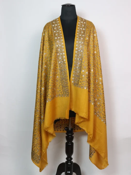 Mustard Kashmiri Shawl with Zari Work for Women in Toosha Wool | Ajwa