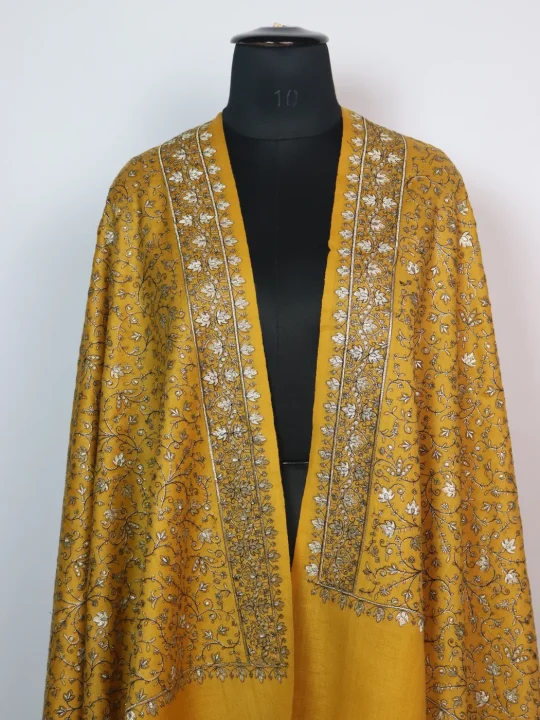 Mustard Kashmiri Shawl with Zari Work for Women in Toosha Wool | Ajwa - Image 2