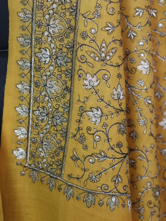 Mustard Kashmiri Shawl with Zari Work for Women in Toosha Wool | Ajwa - Image 3