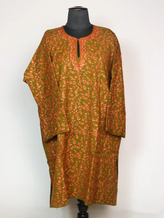 Alina Kashmiri Pheran In Raffal Wool With Hand Aari Work | Badami Jaal | Olive Green