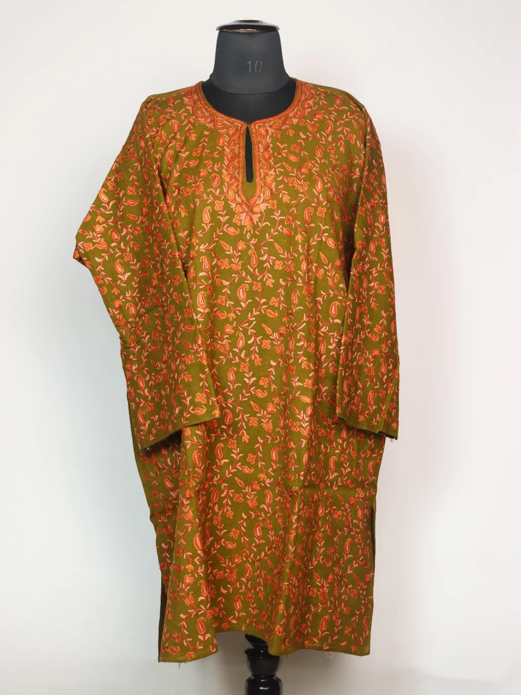 Alina Kashmiri Pheran In Raffal Wool With Hand Aari Work | Badami Jaal | Olive Green