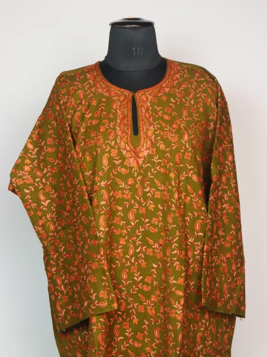 Alina Kashmiri Pheran In Raffal Wool With Hand Aari Work | Badami Jaal | Olive Green - Image 2