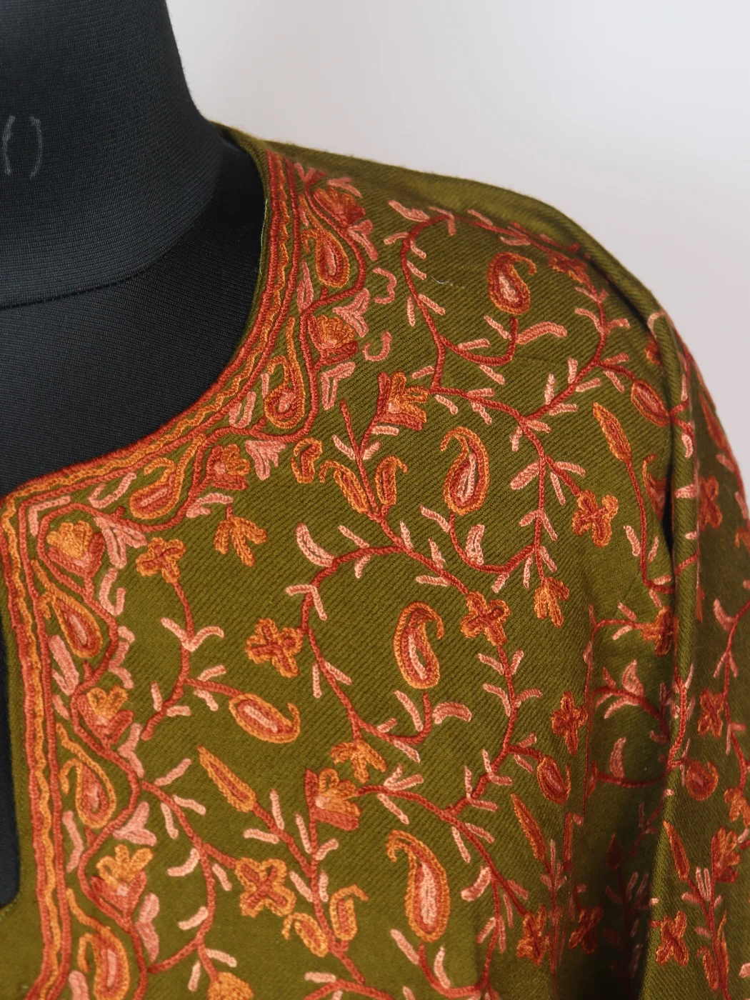 Alina Kashmiri Pheran In Raffal Wool With Hand Aari Work | Badami Jaal | Olive Green - Image 3