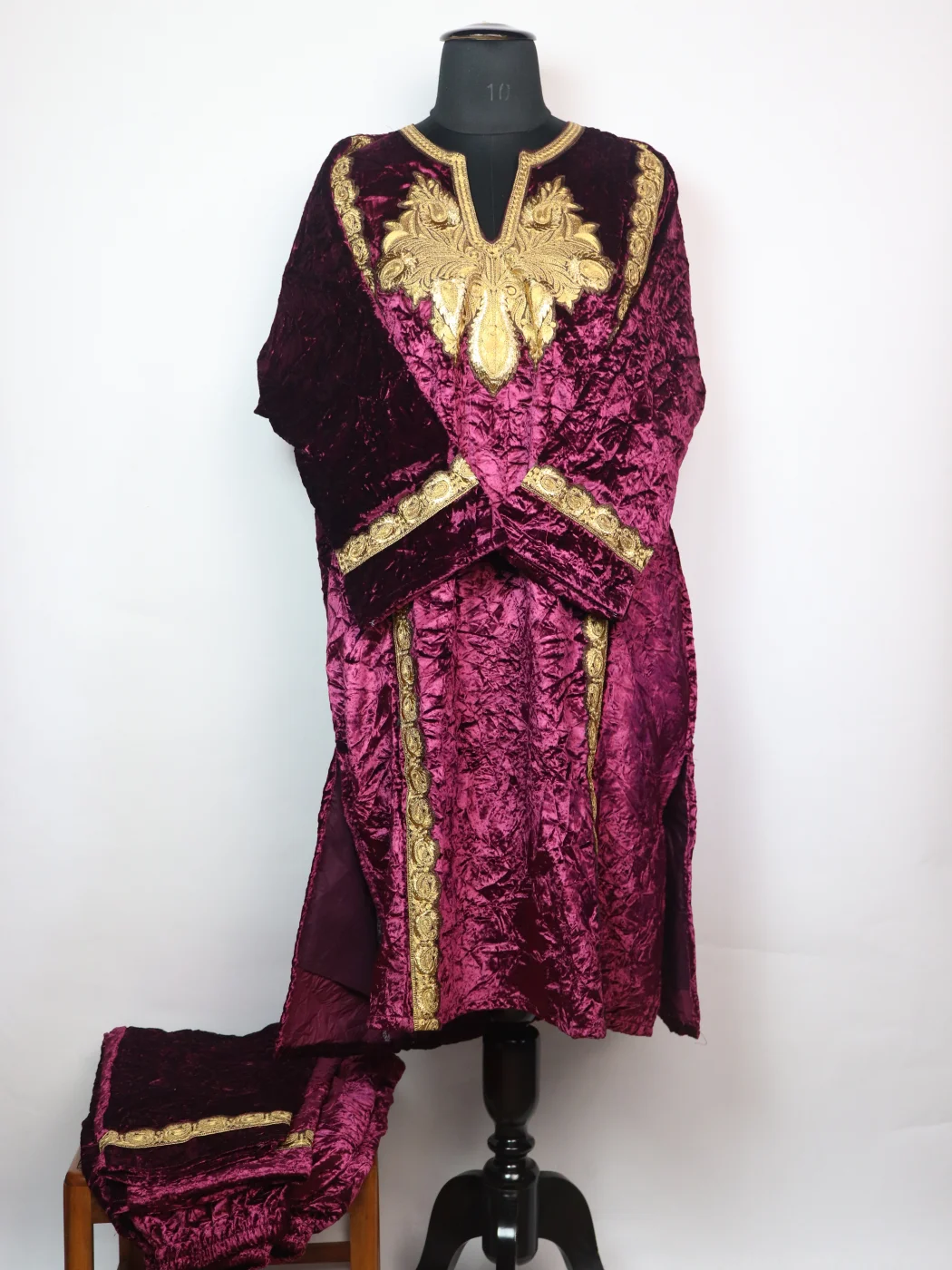 Areeba Kashmiri Partywear Pheran Set In Crush Velvet With Tilla Patch | Purple
