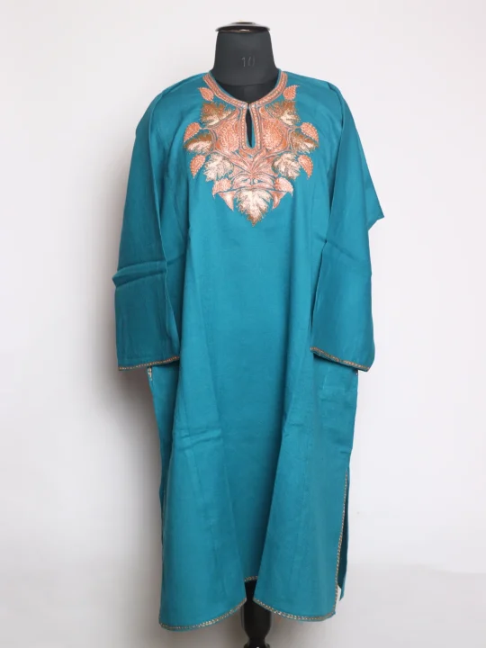 Areeba Kashmiri Pheran Teal Blue In Raffal Wool With Botte Tilla Embroidery