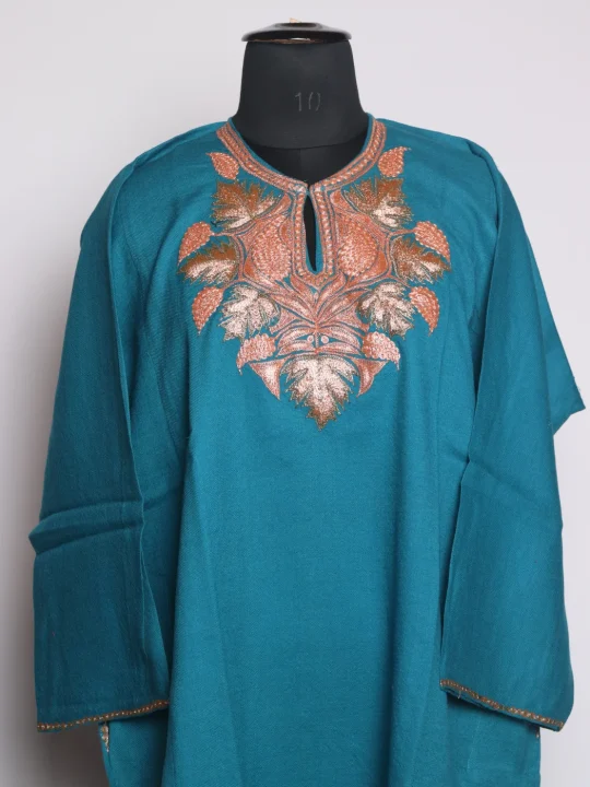 Areeba Kashmiri Pheran Teal Blue In Raffal Wool With Botte Tilla Embroidery - Image 2