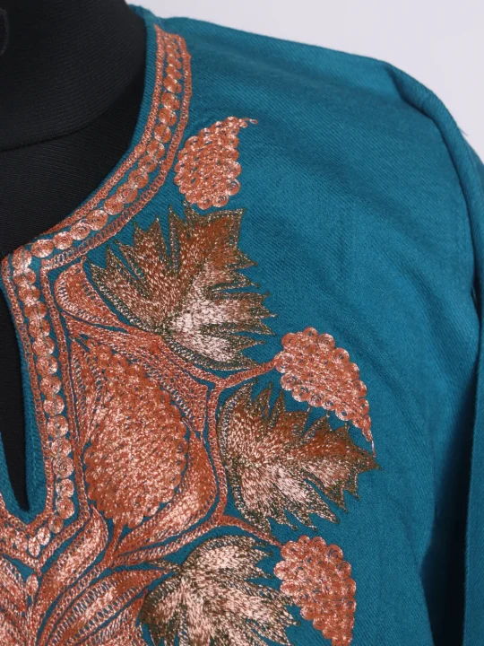 Areeba Kashmiri Pheran Teal Blue In Raffal Wool With Botte Tilla Embroidery - Image 3