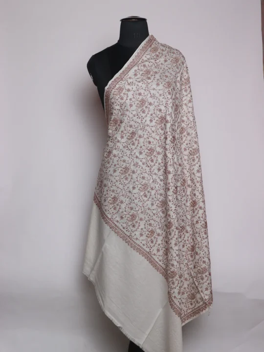 Kashmiri Shawl White In Fine Wool With Sozni Embroidery | Arizal