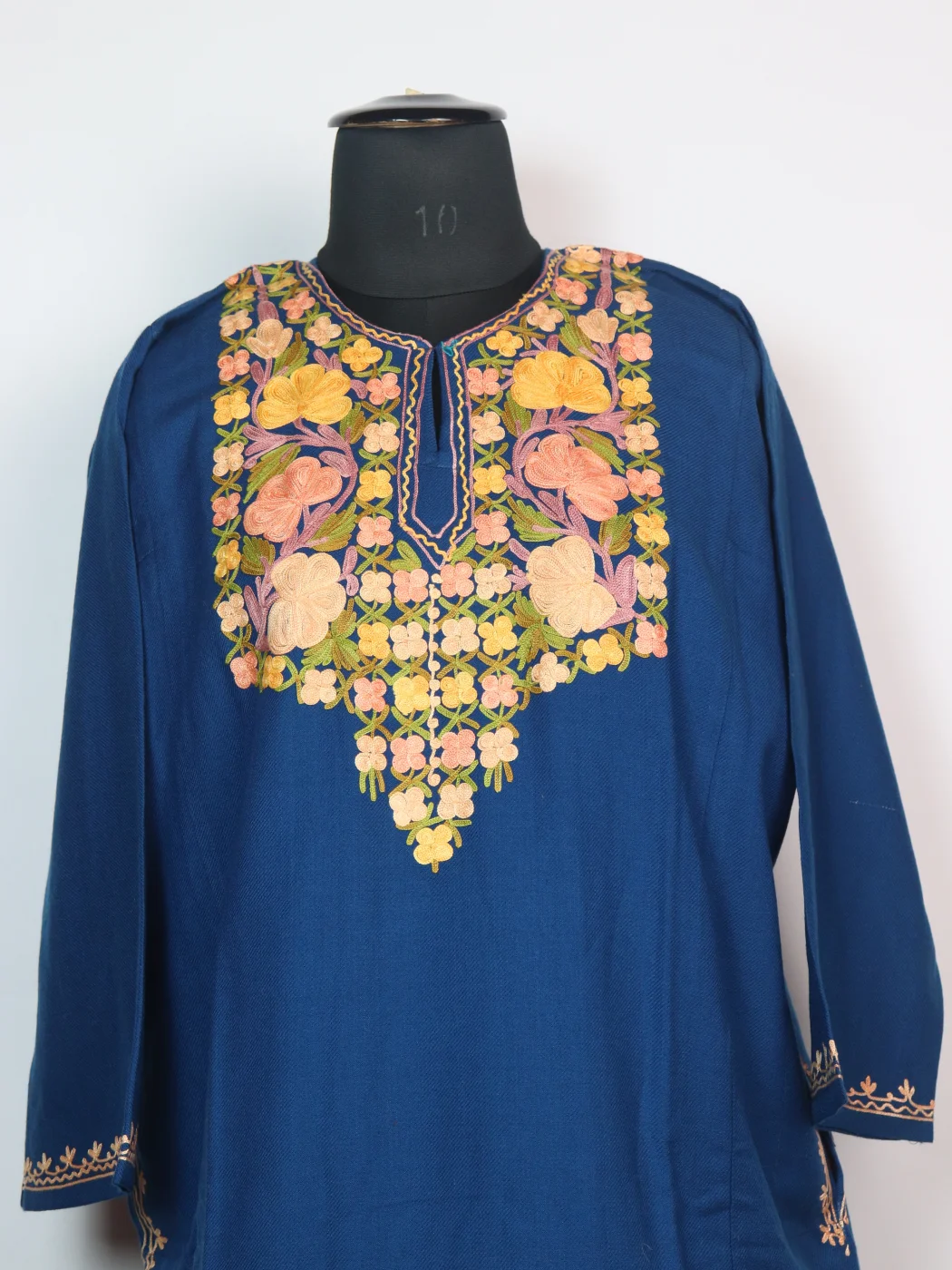 Mahnoor Kashmiri Pheran In Cashmilon wool With Aari Embroidery | Blue - Image 2