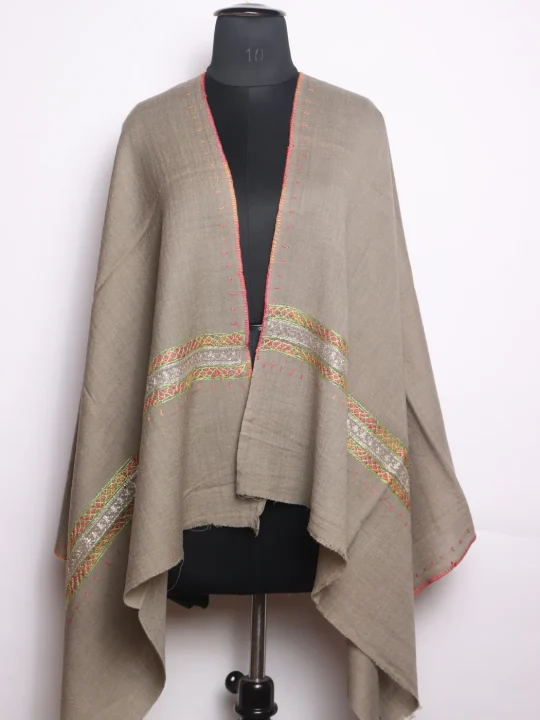 Hafsa Kashmiri Stole In Polywool With Hand Sozni And Tilla Work | Beige