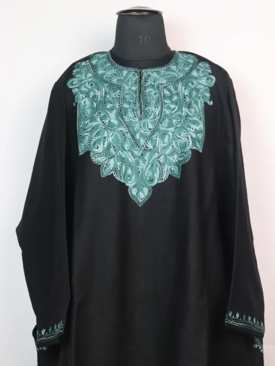 Black Kashmiri Pheran In Tweed Wool With Aari Embroidery |  Nazia - Image 2