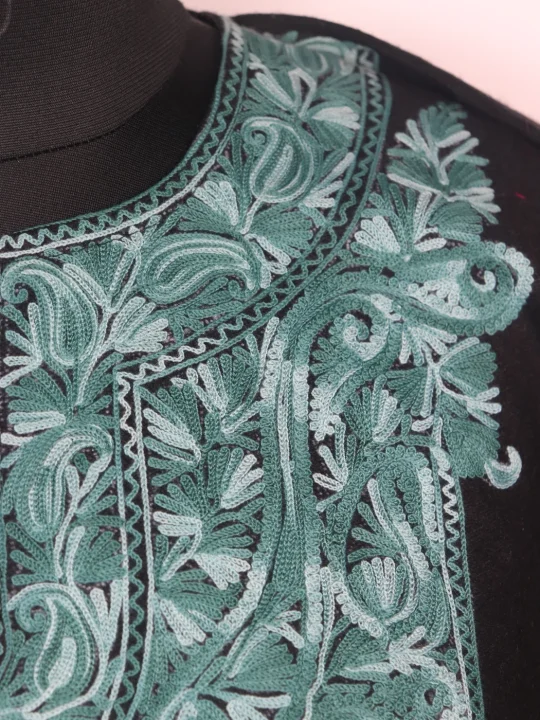 Black Kashmiri Pheran In Tweed Wool With Aari Embroidery |  Nazia - Image 3