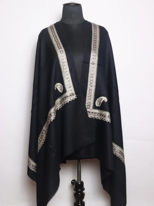 Black Kashmiri Stole In Fine Wool With Aari Nalki Work | Shaheen