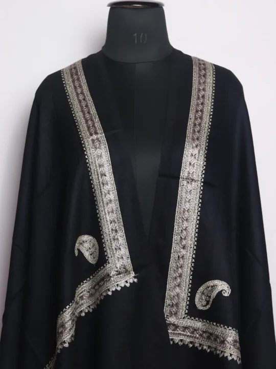 Black Kashmiri Stole In Fine Wool With Aari Nalki Work | Shaheen - Image 2