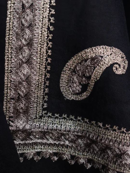 Black Kashmiri Stole In Fine Wool With Aari Nalki Work | Shaheen - Image 3