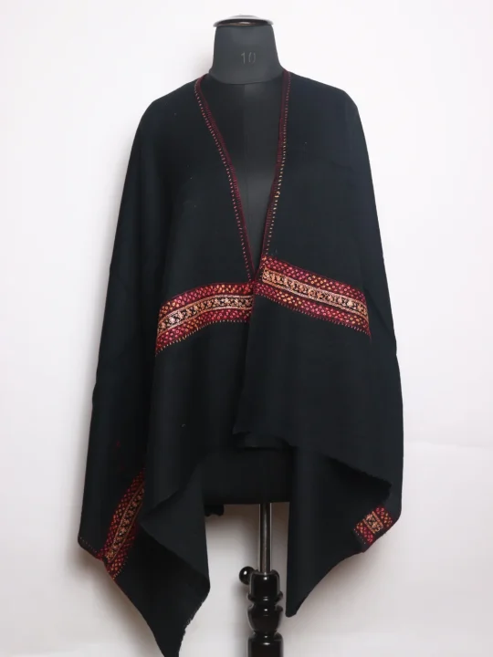 Kashmiri Stole In Black  Polywool With Hand Sozni And Tilla Work | Nasreen