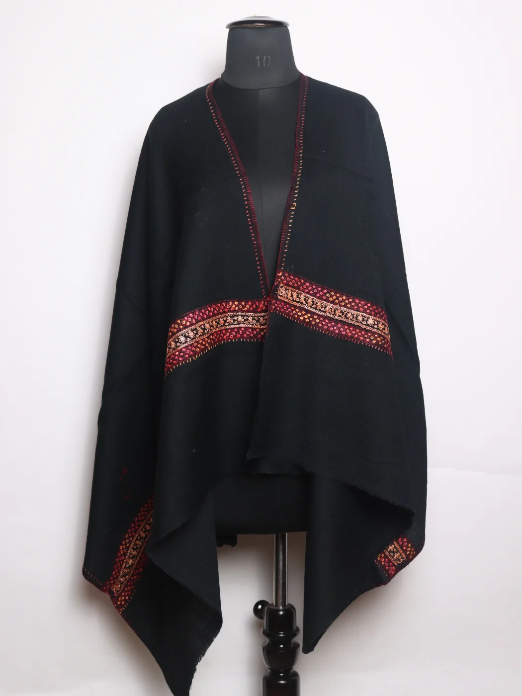 Kashmiri Stole In Black Polywool With Hand Sozni And Tilla Work | Nasreen