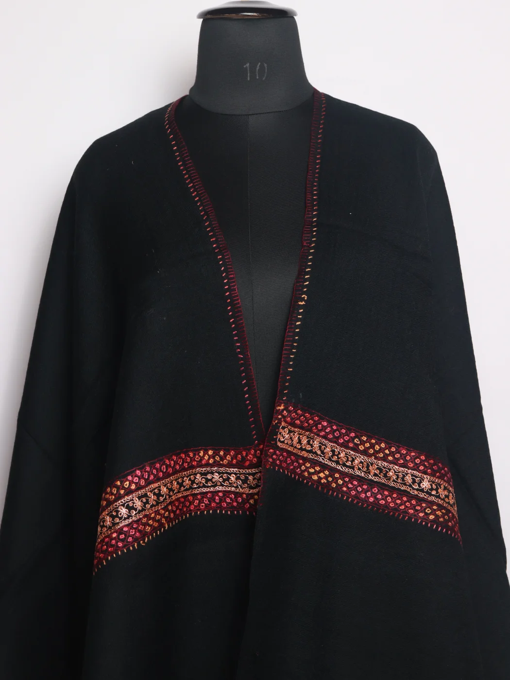 Kashmiri Stole In Black Polywool With Hand Sozni And Tilla Work | Nasreen - Image 2
