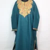 Madiha Kashmiri Pheran In Tweed Wool With Aari Embroidery | Teal Blue