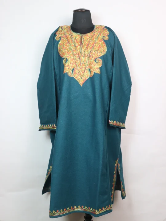 Madiha Kashmiri Pheran In Tweed Wool With Aari Embroidery | Teal Blue
