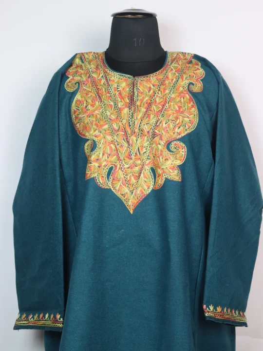 Madiha Kashmiri Pheran In Tweed Wool With Aari Embroidery | Teal Blue - Image 2