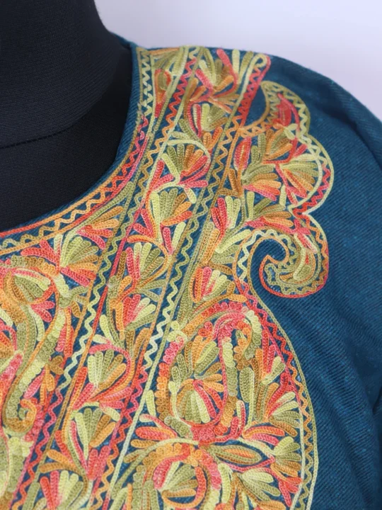 Madiha Kashmiri Pheran In Tweed Wool With Aari Embroidery | Teal Blue - Image 3