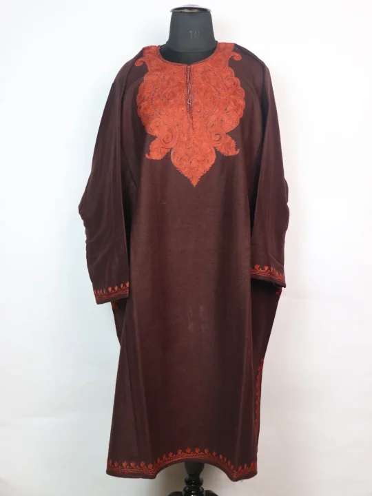 Kashmiri Pheran In Dark Brown Tweed Wool With Aari Embroidery |  Tahira