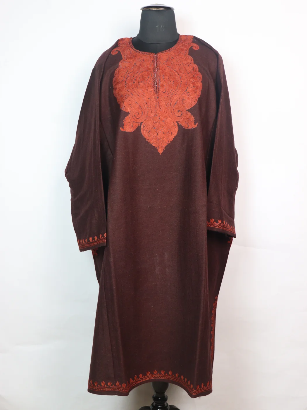 Kashmiri Pheran In Dark Brown Tweed Wool With Aari Embroidery | Tahira