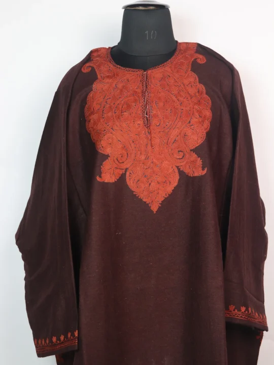 Kashmiri Pheran In Dark Brown Tweed Wool With Aari Embroidery | Tahira - Image 2