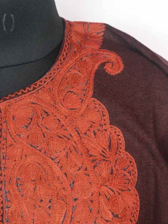 Kashmiri Pheran In Dark Brown Tweed Wool With Aari Embroidery | Tahira - Image 3